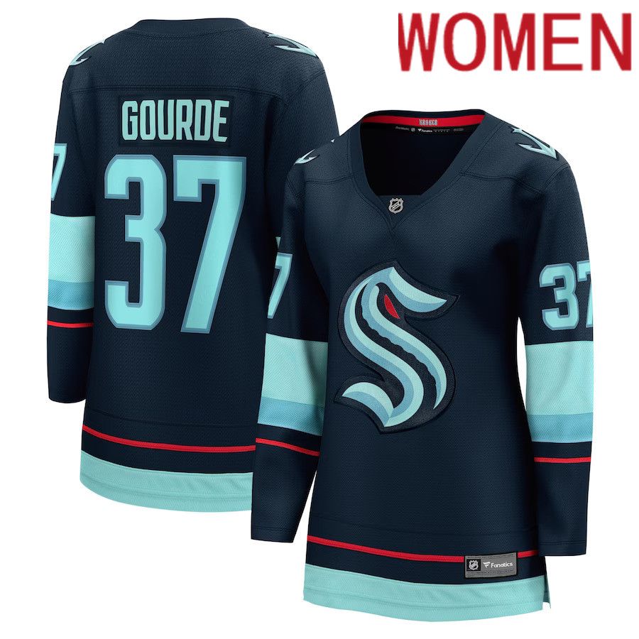 Women Seattle Kraken 37 Yanni Gourde Fanatics Branded Navy Home Breakaway Player NHL Jersey
